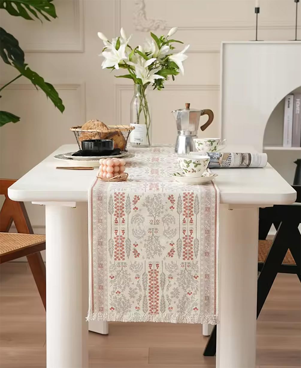 Fennco Styles Coral Floral Print Tassel Cotton Blend Woven Table Runner 14" W x 71" L