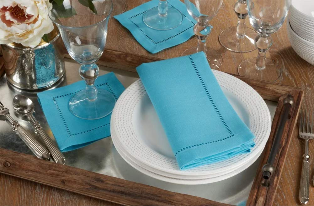 Fennco Styles Classic Hemstitch Design 20 Inch Square Table Dinner Cloth Napkins, Set of 4 – Turquoise Table Cover for Home Décor, Dining Table, Banquets, Holidays and Special Occasions