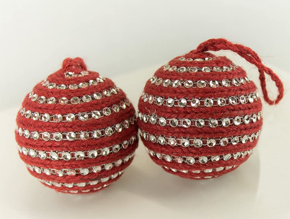 Fennco Styles Handmade Rhinestones & Jute Design Holiday Christmas Tree Ball Ornaments 3" Round, 2-Piece Set