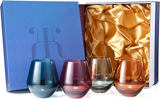 Colored Stemless Crystal Wine Glass Set Of 4 Gift For Her Him Wife Friend Large 16 Oz Glasses Unique