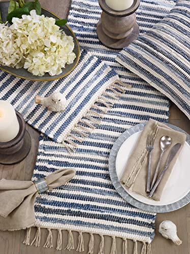 Gênes Collection Bohemian Tasseled Chindi 100% Pure Cotton 18 x 18 Inch Throw Pillow with Case & Insert – Denim Accent Pillow for Couch, Bedroom and Living Room Décor