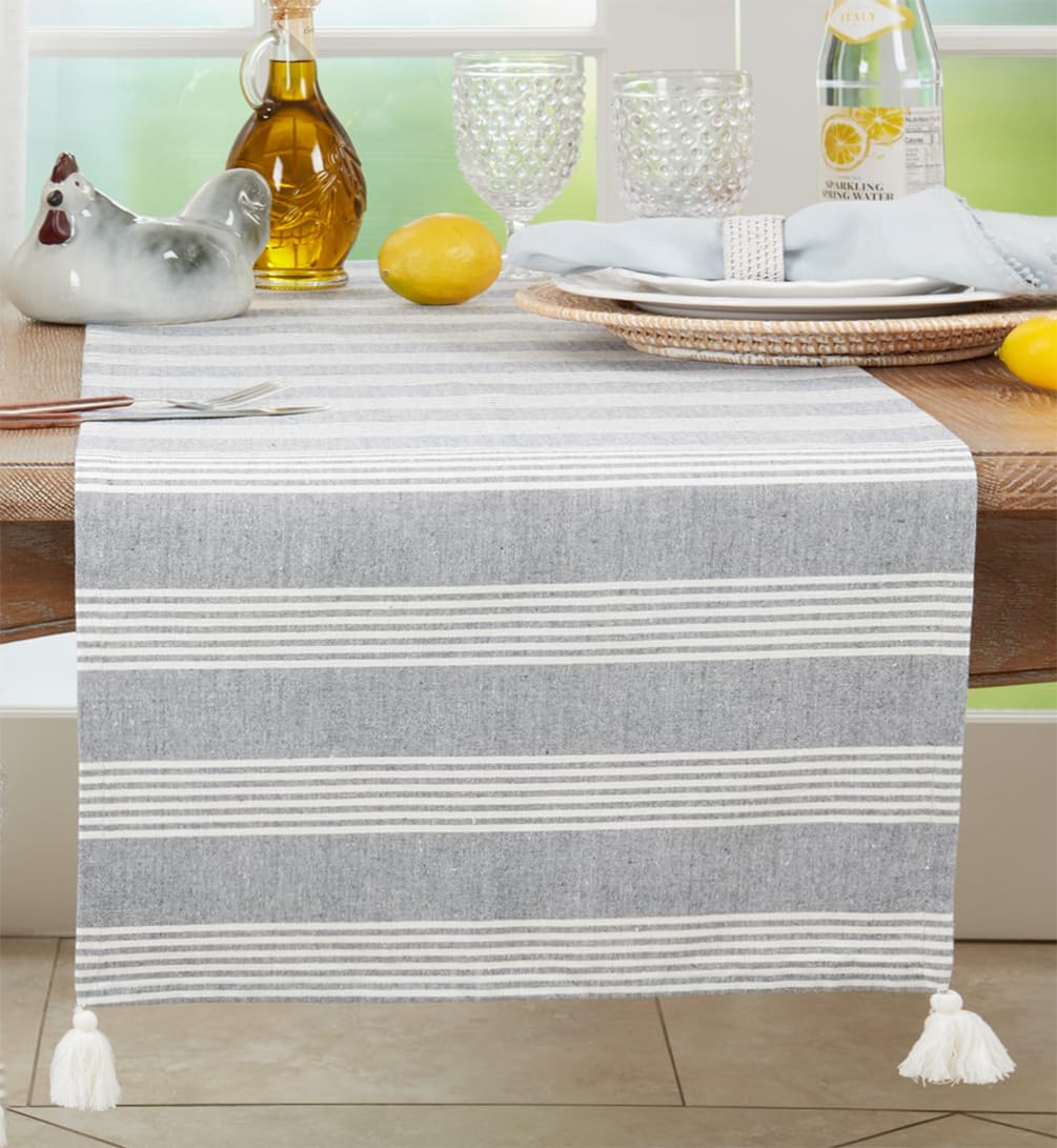 Blue Striped Tassel Table Runner 16" W X 72" L - 100% Cotton Woven Table Cover for Home, Dining Table, Banquets, Thanksgiving, Christmas, Holidays and Special Occasions