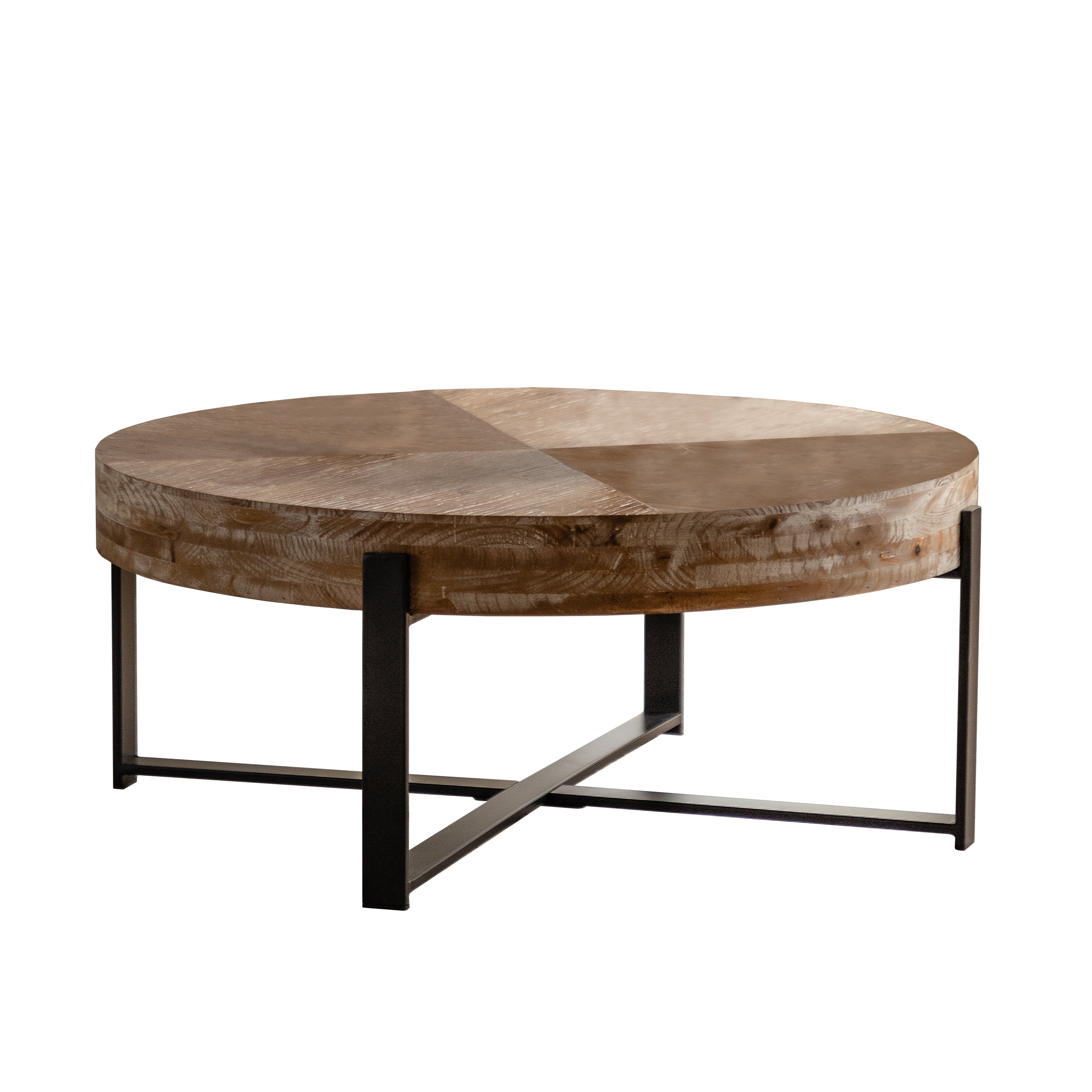 31.29"Modern Retro Splicing Round Coffee Table Fir Wood Table Top with Cross Legs Metal Base(Same SKU:W757123560)