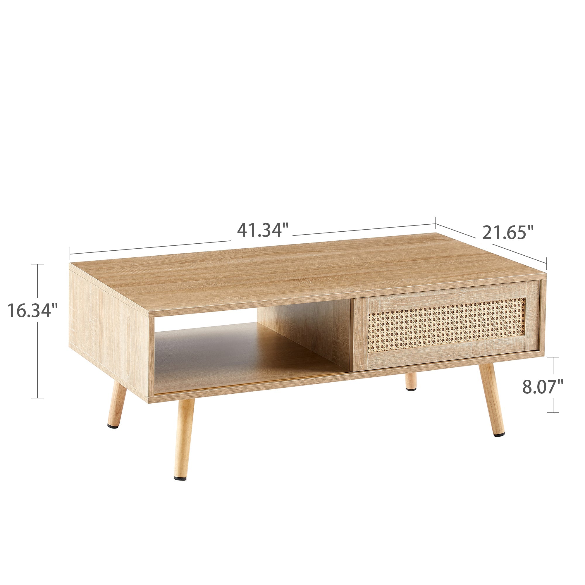 41.34" Rattan Coffee table sliding door for storage solid wood legs Modern table for living room natural