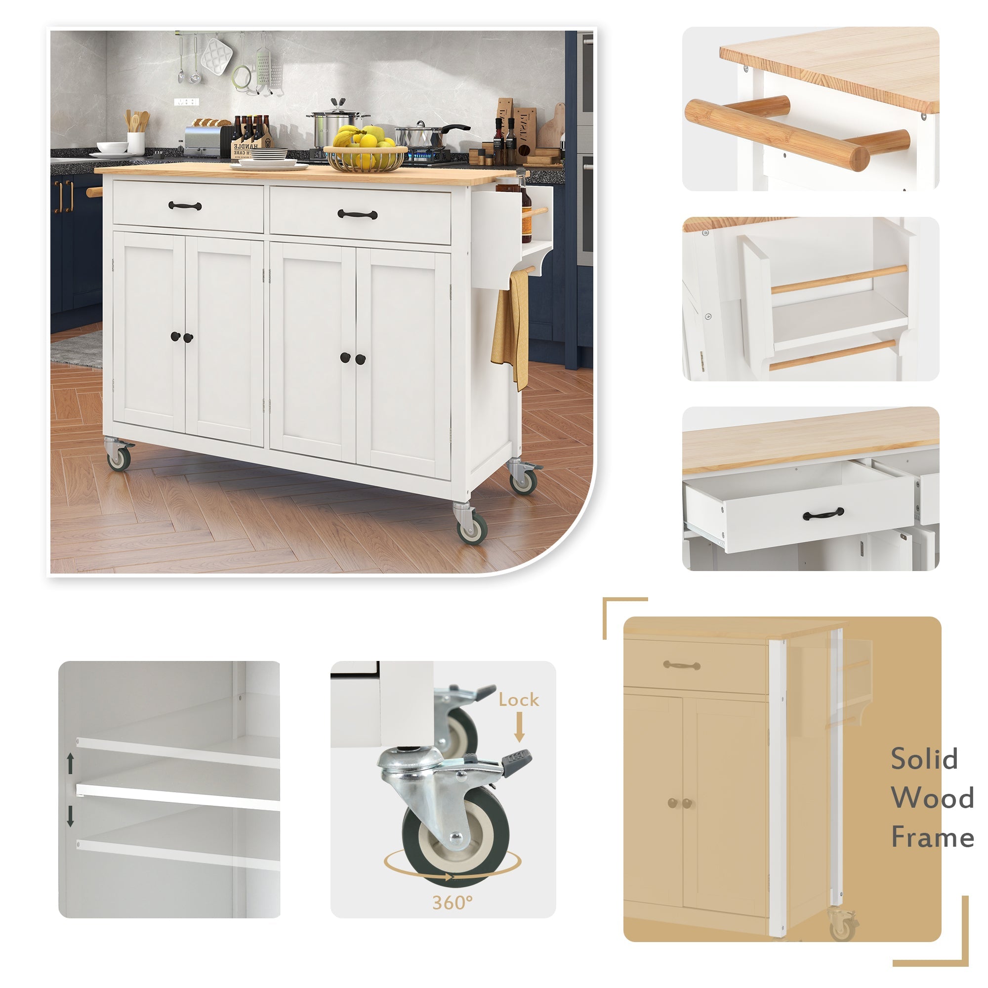Kitchen Island Cart with Solid Wood Top and Locking Wheels 54.3 Inch Width (White)