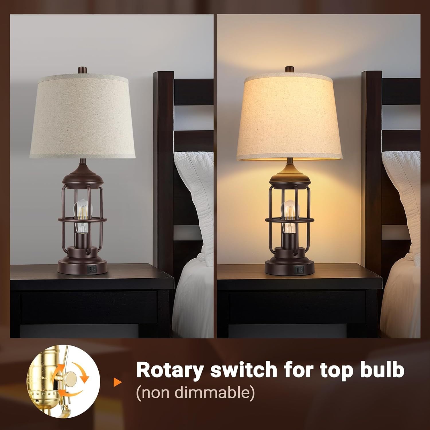 Edison Bulb Table Lamp Set of 2 with USB Ports, Dimmable