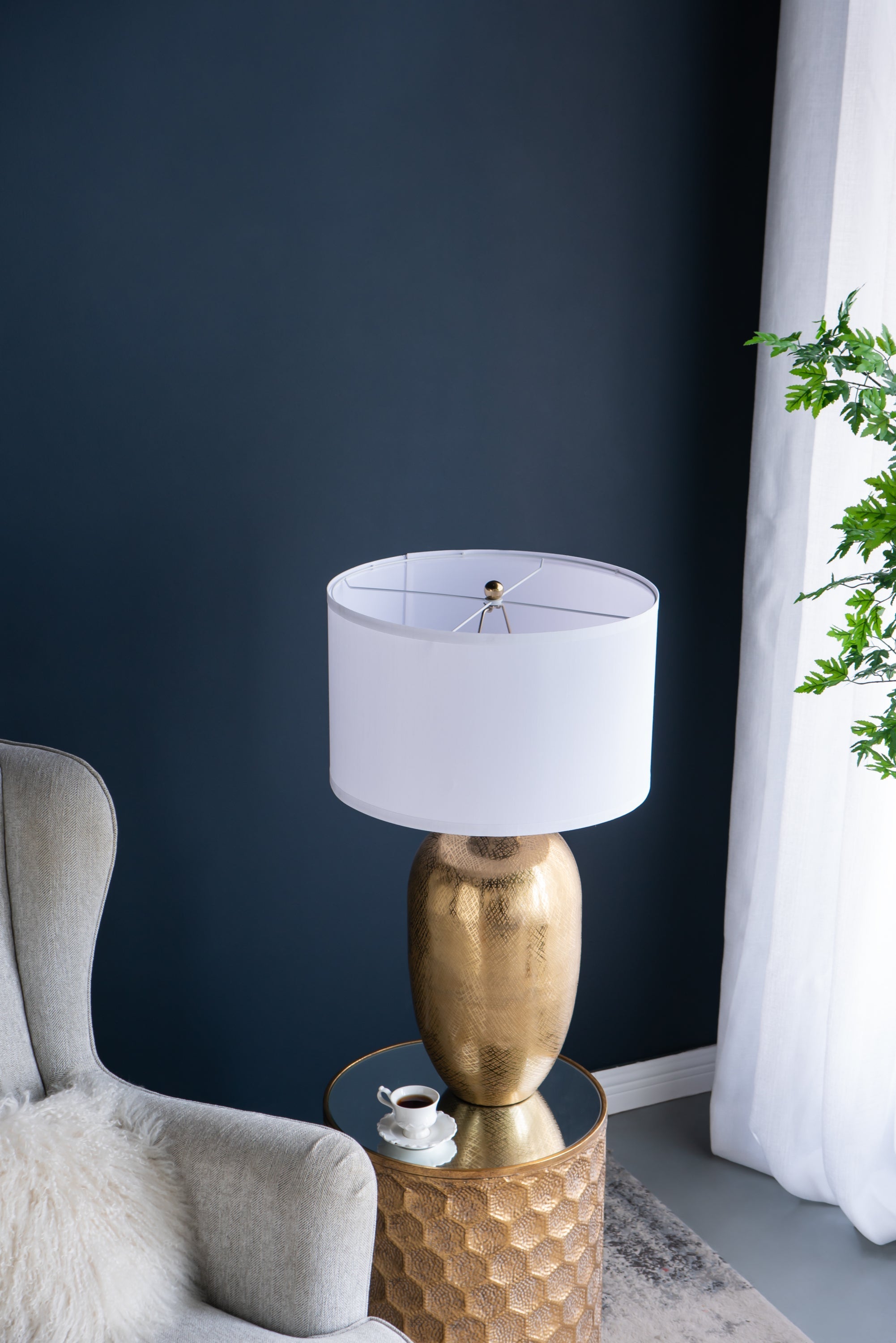 D18x31" Round Aluminum Sheet Gold Table Lamp with White Fabric Shade