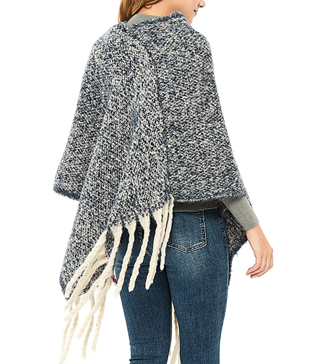 stylesilove Autumn Winter Women Solid Knitted V-Neck Pullover Fringe Poncho Sweater Lightweight Cape Cozy Wrap Tassel Shawl