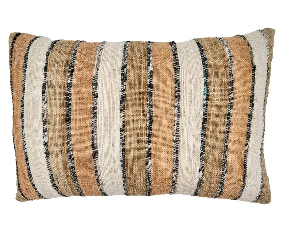 Woven Chindi Striped Fringe 100% Cotton Decorative Throw Pillow Cover 16 x 24 Inch - Blue Throw Pillow Case for Home, Couch, Living Room and Bedroom Décor