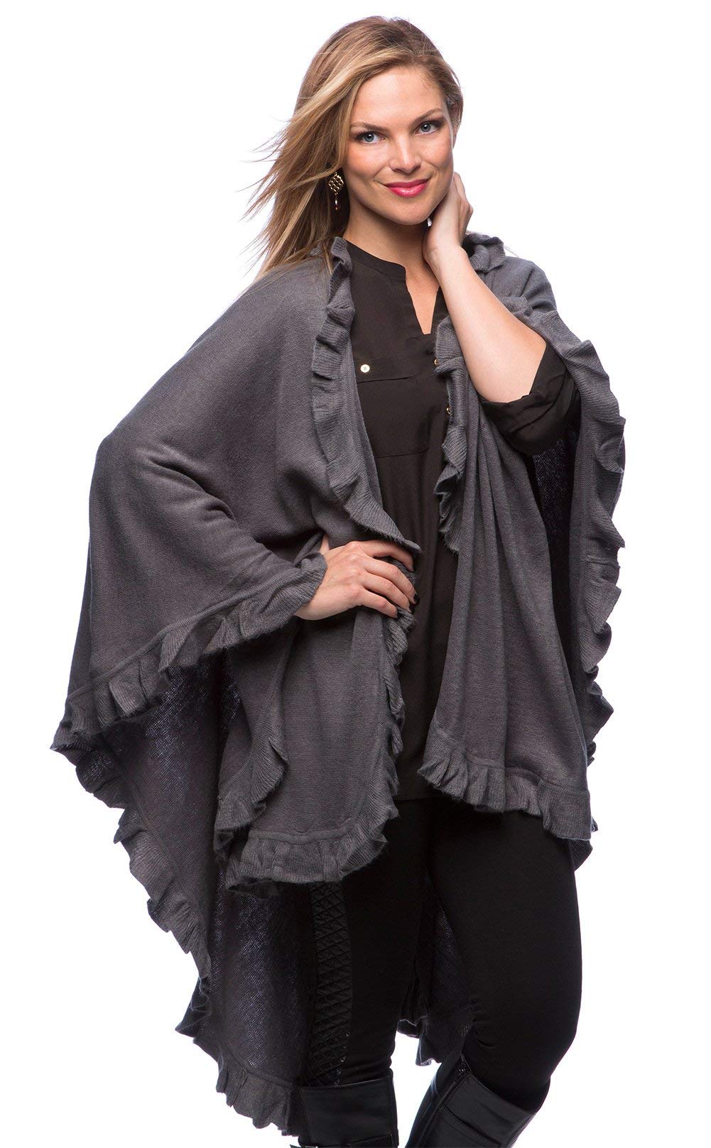 Fennco Styles Women's Ruffle Trim Knit Open Front Poncho Cape Shawl - Fall Wrap Jacket, Cozy and Stylish Layering Piece