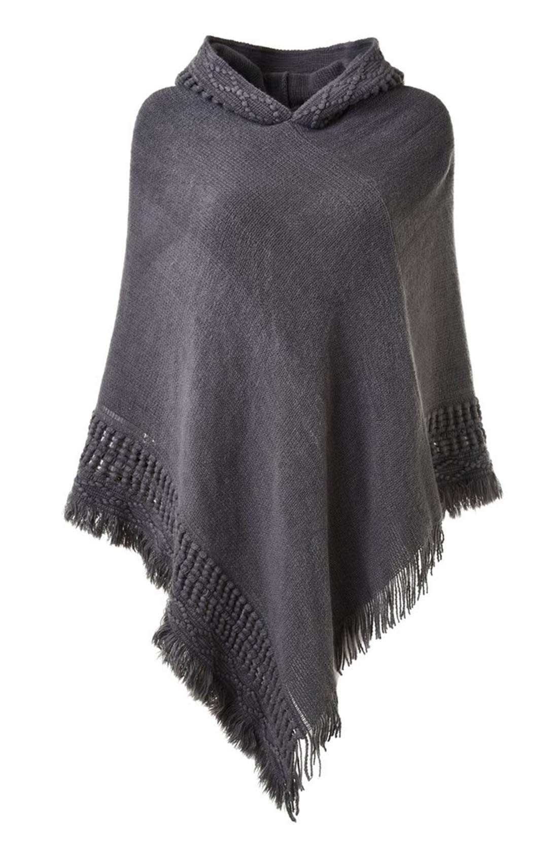 stylesilove Women Solid Knitted Hooded Poncho Crochet Pattern with Fringe Pullover Cardigan Soft Wrap for Fall Winter Seasons