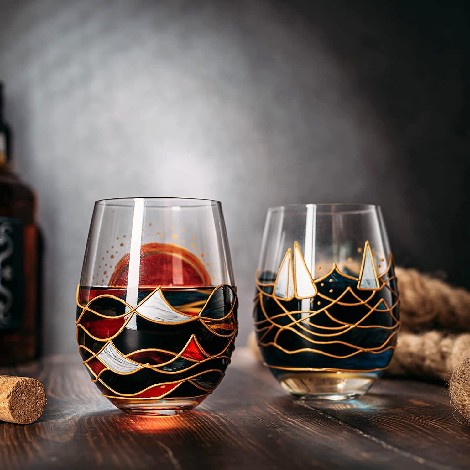 Artisanal Hand Painted Stemless Sailboat With Sunrise Set Of 2 Wine Glasses 2 Set Of