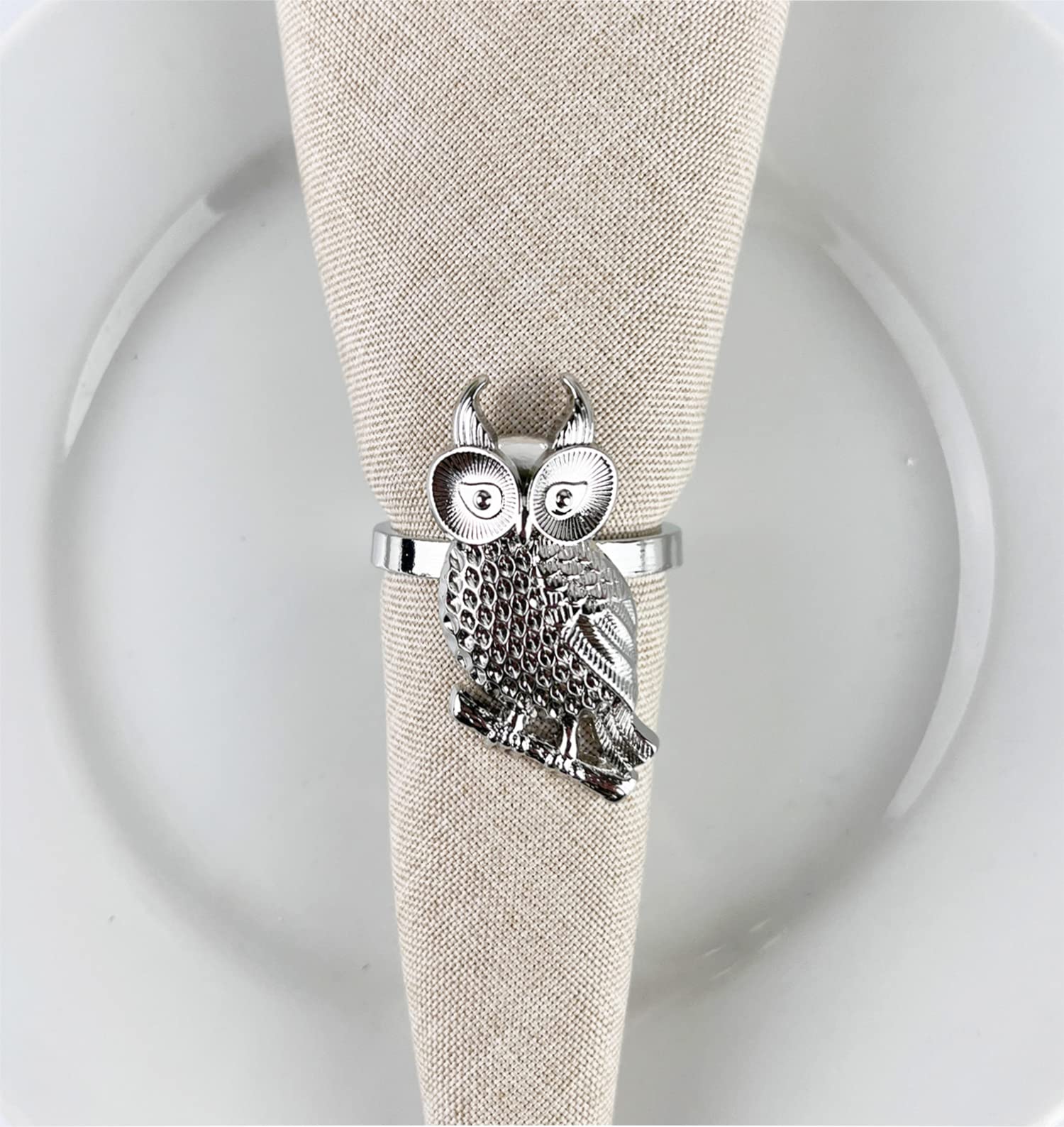 Fennco Styles Perched Owl Metal Napkin Rings, Set of 4 - Animal Napkin Holders for Home Décor, Dining Table, Banquets, Family Gathering and Special Occasions