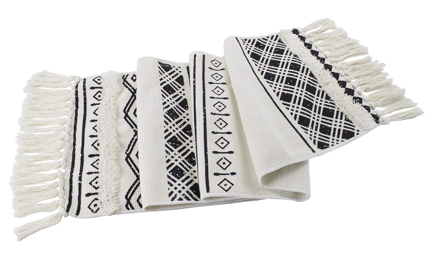 Fennco Styles Boho Farmhouse Woven Fringe Tasseled 14 x 71 Inch Tribal Table Runner – White and Black Table Runner for Everyday Use, Dinner Parties, Special Events and Home Décor