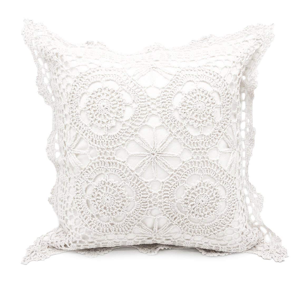 Fennco Styles Handmade Crochet Lace Cotton Decorative Throw Pillow Cover - White Cushion Case for Home, Couch, Living Room, Bedroom and Office Décor