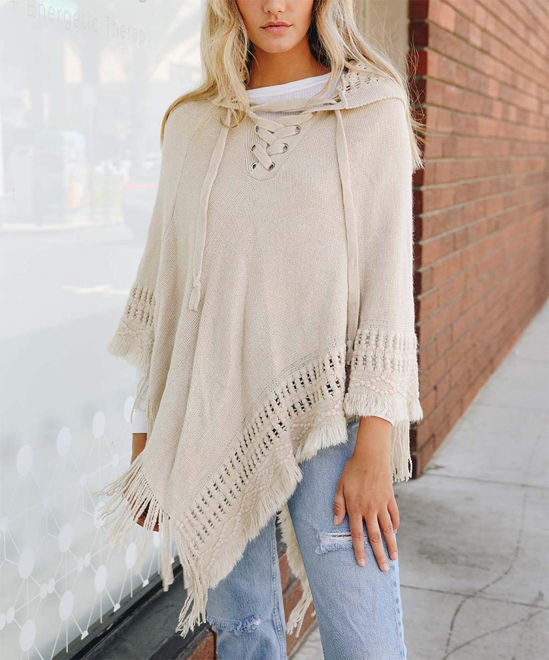 Styles I Love Women Fringed Lace Up Hooded Poncho Pullover Cardigan Soft Wrap for Winter Season