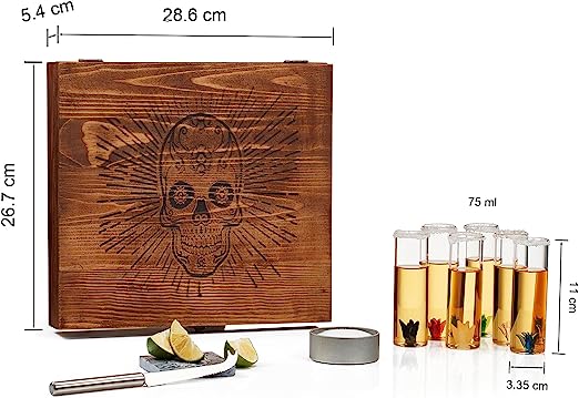 Tequila Shot Glass Salt Gift Set For Men Women Six Agave Shot Glasses Knife For Limes One Skull Coas