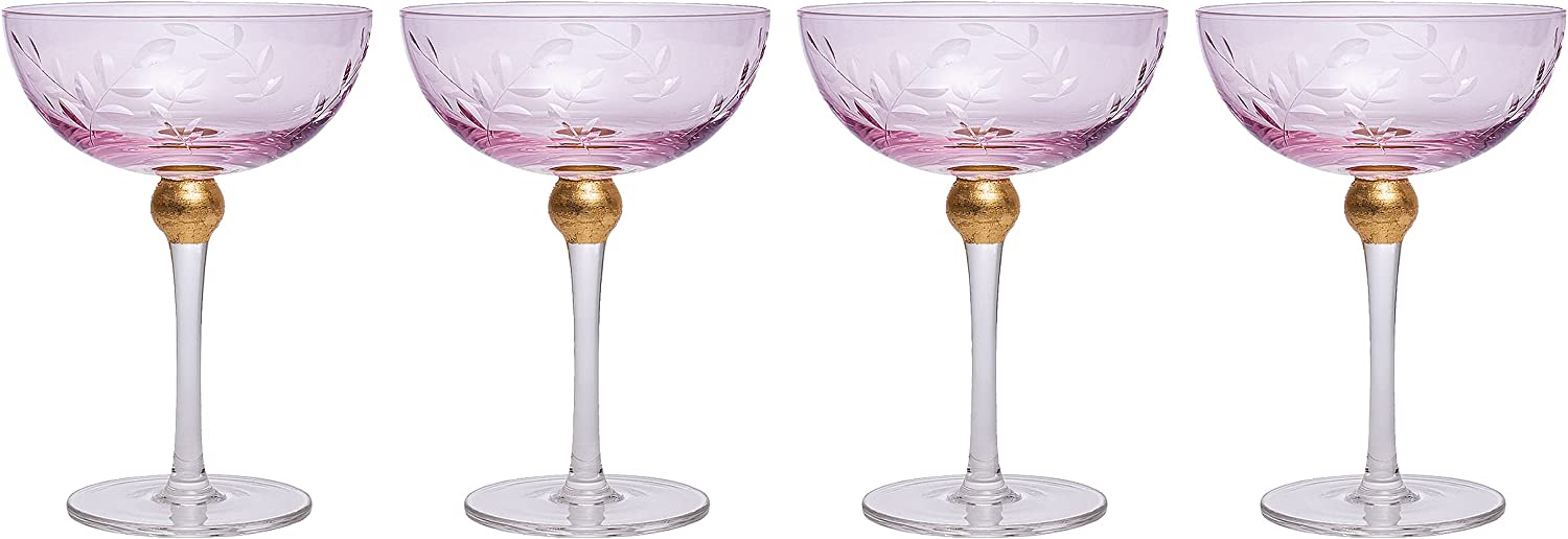 Pallo Tinted Pink Glass Crystal Champagne Saucers 9OZ Set Of 4 By Prosecco Flower De