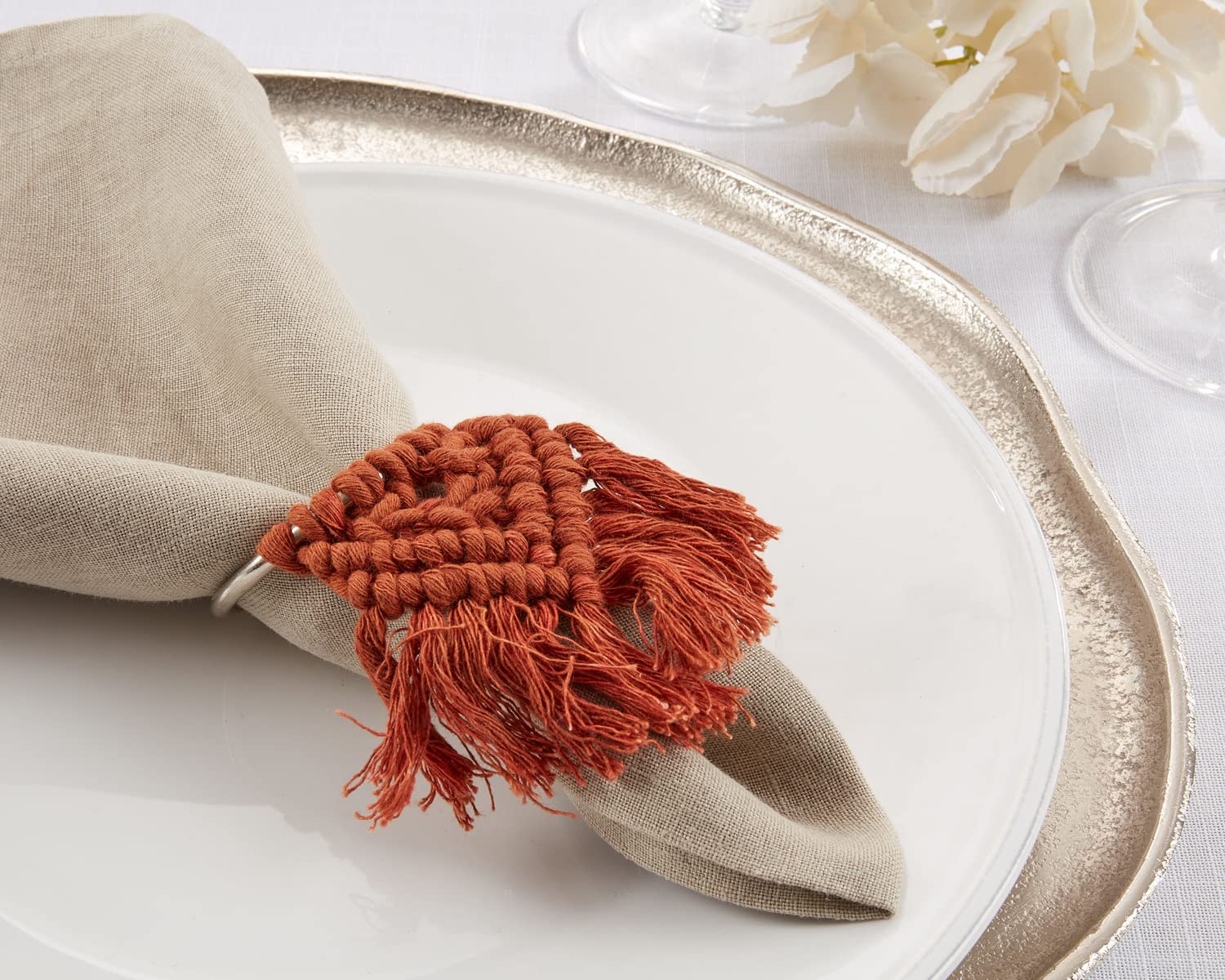 Fennco Styles Handmade Cotton Braided Tassel Napkin Rings, Set of 4 - Rustic Napkin Holders for Home, Dining Table, Banquets, Farmhouse Décor, Holidays and Special Events