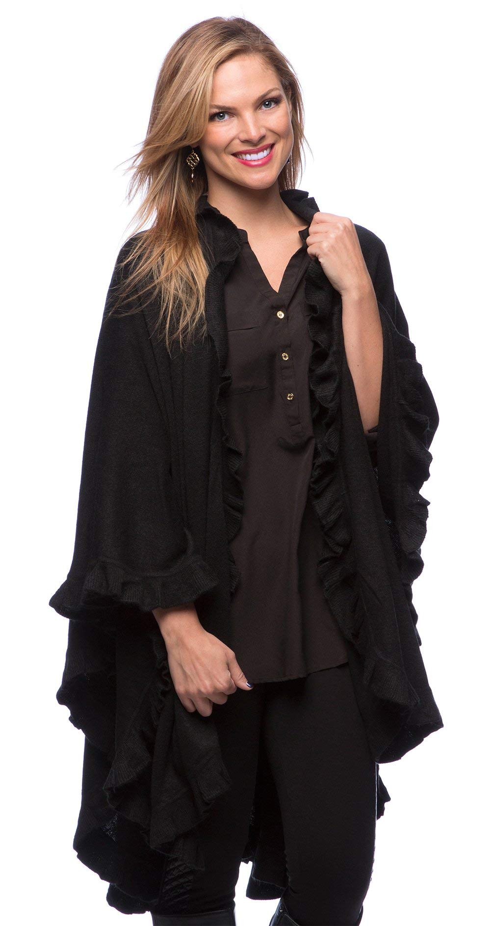 Fennco Styles Women's Ruffle Trim Knit Open Front Poncho Cape Shawl - Fall Wrap Jacket, Cozy and Stylish Layering Piece