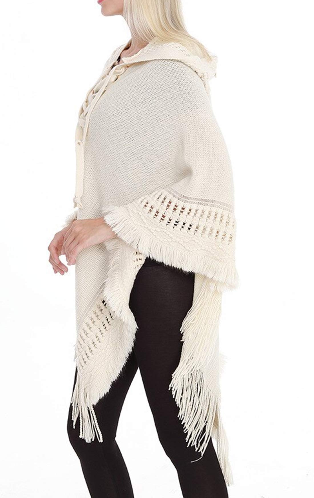Styles I Love Women Fringed Lace Up Hooded Poncho Pullover Cardigan Soft Wrap for Winter Season