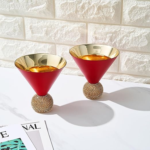 Diamond Studded Martini Glasses Set Of 2 Matte Red Gold Modern Cocktail Glass Rhines
