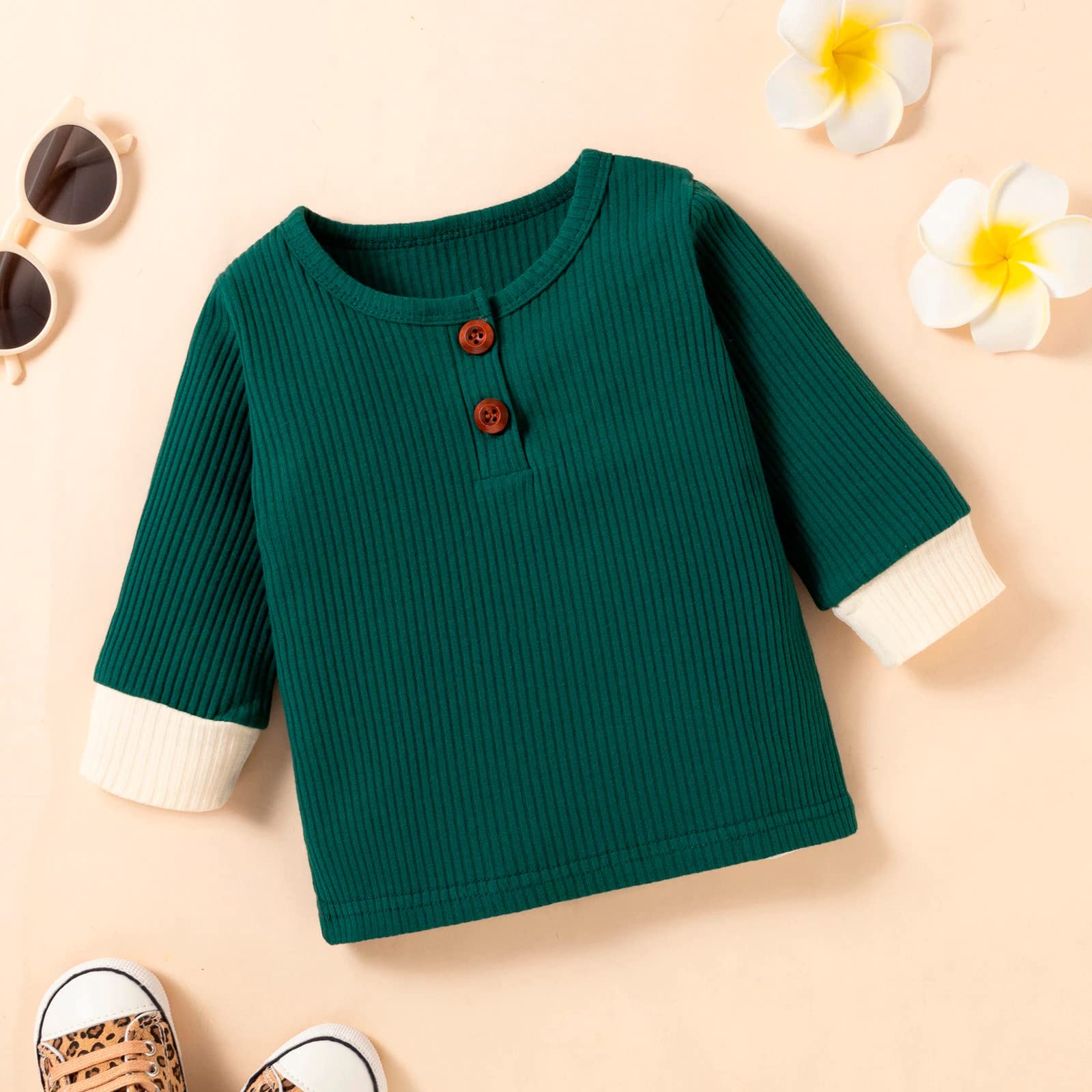 stylesilove Baby Boys Girls Solid Long Sleeve Henley Top & Pants 2pcs Set Unisex Toddler Ribbed Cotton Outfit