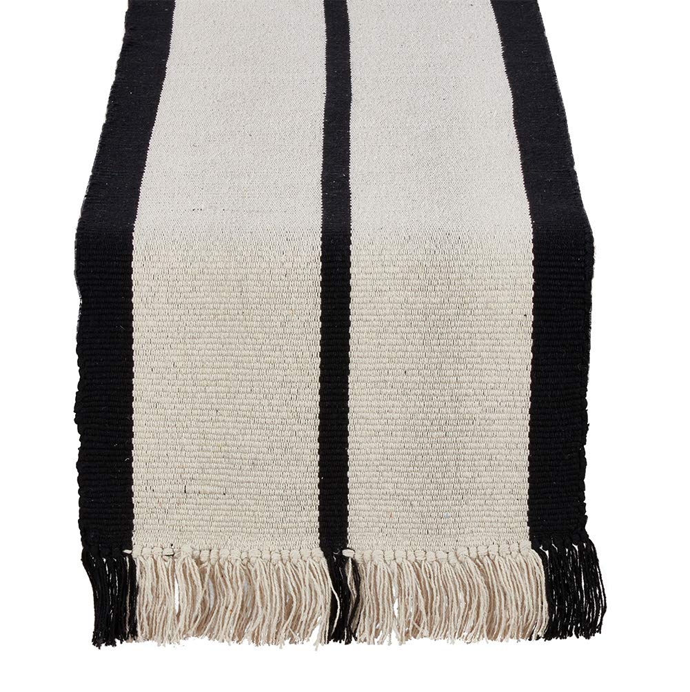 Heavy Rug 100% Woven Cotton Black Striped Natural Table Runner with Thick Fringe, 16"x72" Rectangular