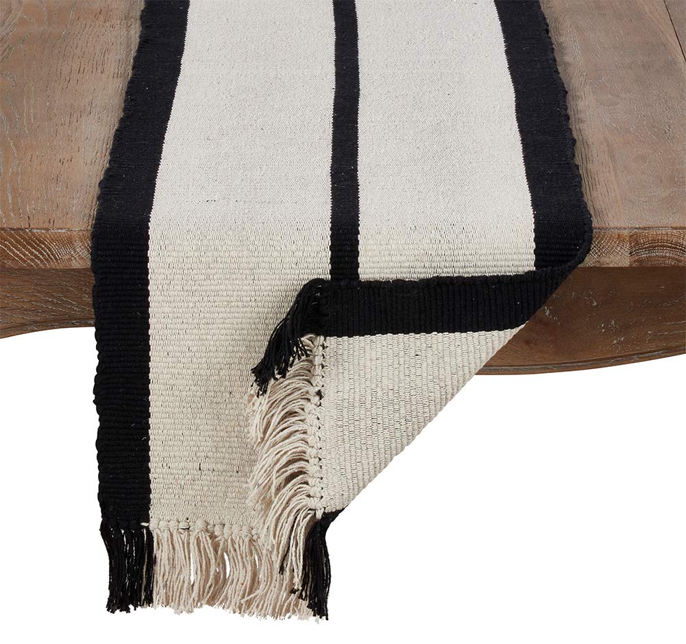 Heavy Rug 100% Woven Cotton Black Striped Natural Table Runner with Thick Fringe, 16"x72" Rectangular