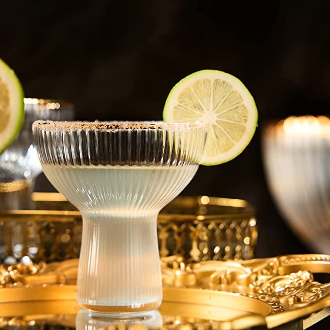Ribbed Stemless Margarita Glasses With Gold Rim Set Of 4 Hand Blown Luxury Coupe Cocktail Martini Ch