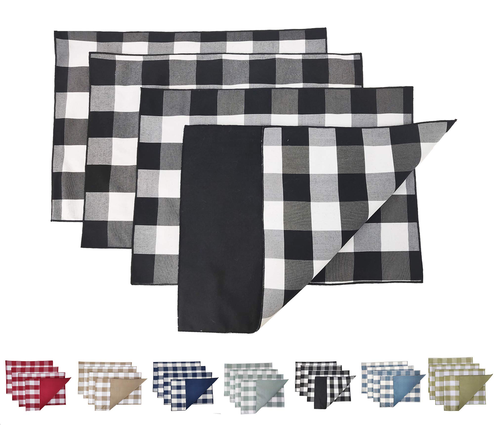 Fennco Styles Buffalo Check Double Layers Reversible Placemats 14" W x 20" L, Set of 4 - Handmade in USA - Plaid Table Mats for Everyday Use, Banquet, Holiday, Family Gathering, Special Occasion