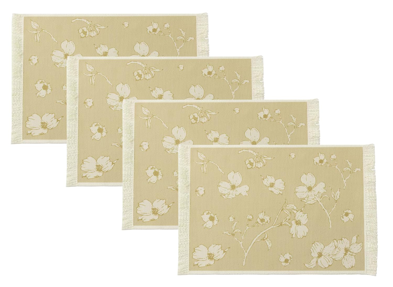 Fennco Styles Floral Printed with Fringe Placemats 14" W x 19" L, Set of 4 - Yellow Flower Table Mats for Dining Room, Banquets, Family Gatherings, and Holidays