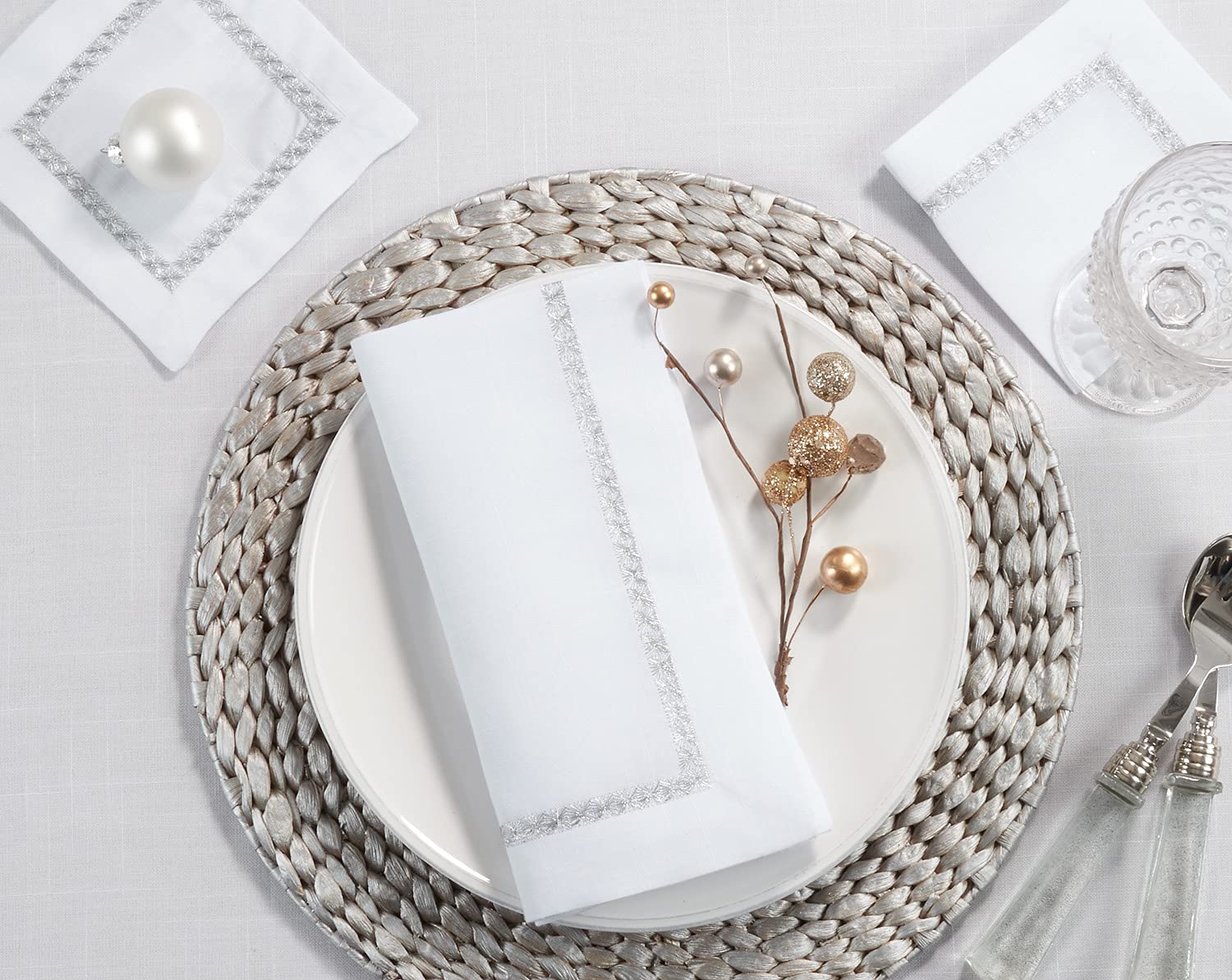 Fennco Styles Embroidered Metallic Border Cocktail Napkins 10" W x 10" L, Set of 4 - Cloth Coasters for Home Décor, Dining Table, Wedding Party and Special Occasion