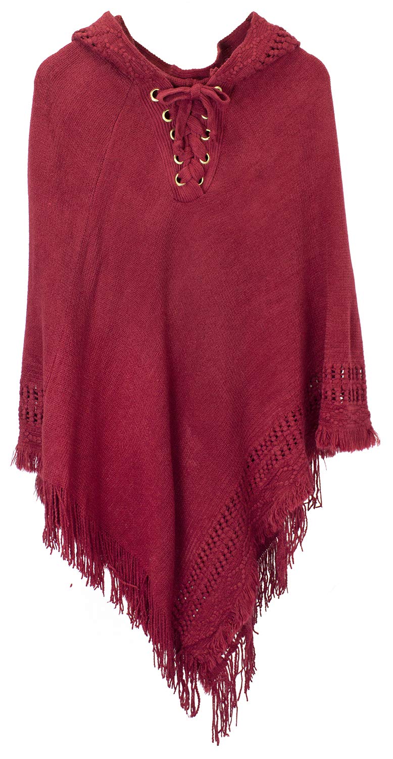 Styles I Love Women Fringed Lace Up Hooded Poncho Pullover Cardigan Soft Wrap for Winter Season