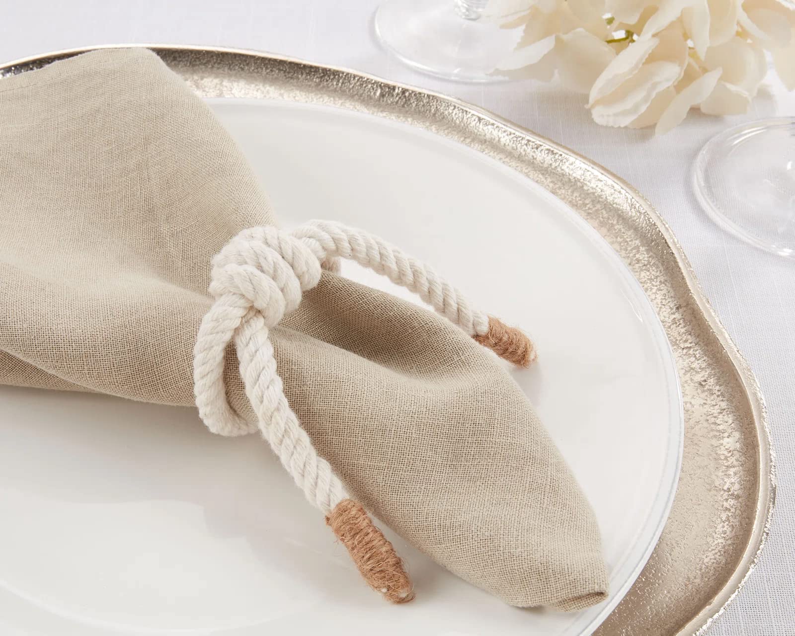 Fennco Styles Handmade Knotted Rope Napkin Rings, Set of 4 - Natural Cotton Napkin Holders for Dining Table, Home, Banquets, Holidays, Family Gatherings and Special Events