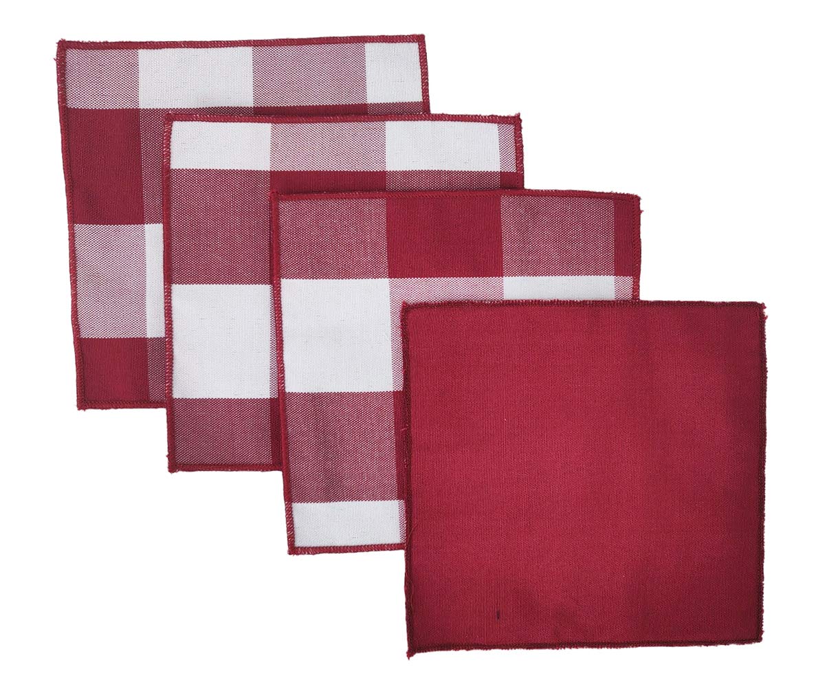 Fennco Styles Buffalo Check Double Layers Reversible Coasters 6"W x 6"L, Set of 4 - Handmade in USA - Plaid Cocktail Napkins for Everyday Use and Special Occasion