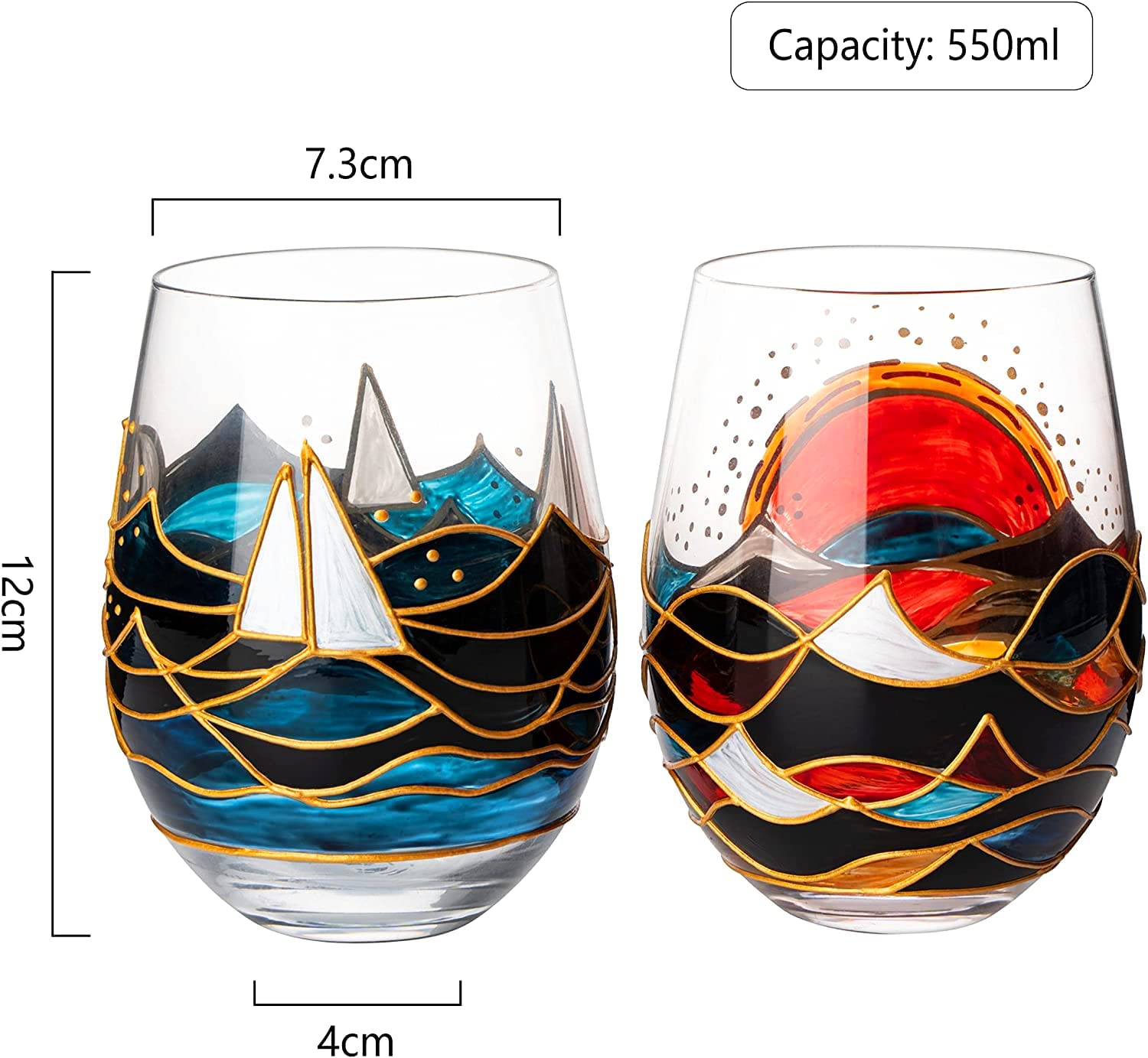 Artisanal Hand Painted Stemless Sailboat With Sunrise Set Of 2 Wine Glasses 2 Set Of