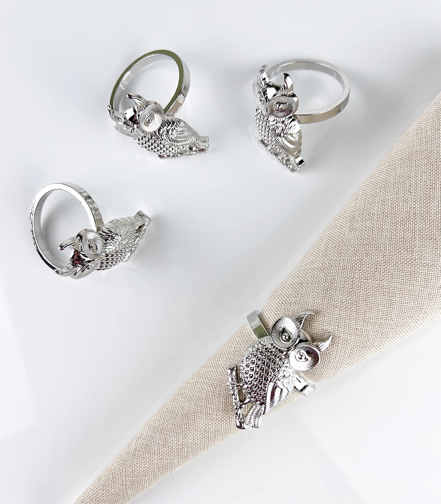 Fennco Styles Perched Owl Metal Napkin Rings, Set of 4 - Animal Napkin Holders for Home Décor, Dining Table, Banquets, Family Gathering and Special Occasions