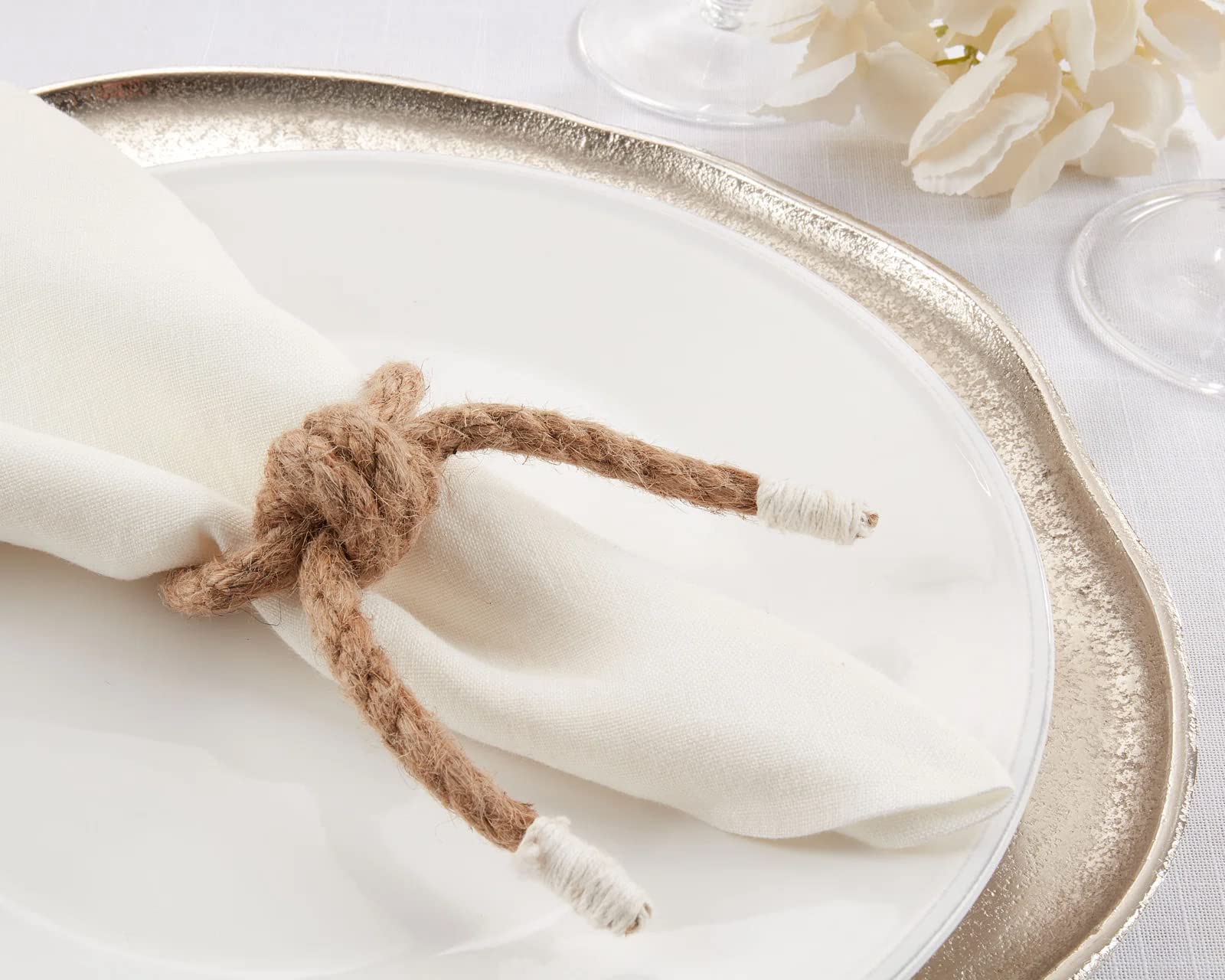 Fennco Styles Handmade Knotted Rope Napkin Rings, Set of 4 - Natural Cotton Napkin Holders for Dining Table, Home, Banquets, Holidays, Family Gatherings and Special Events