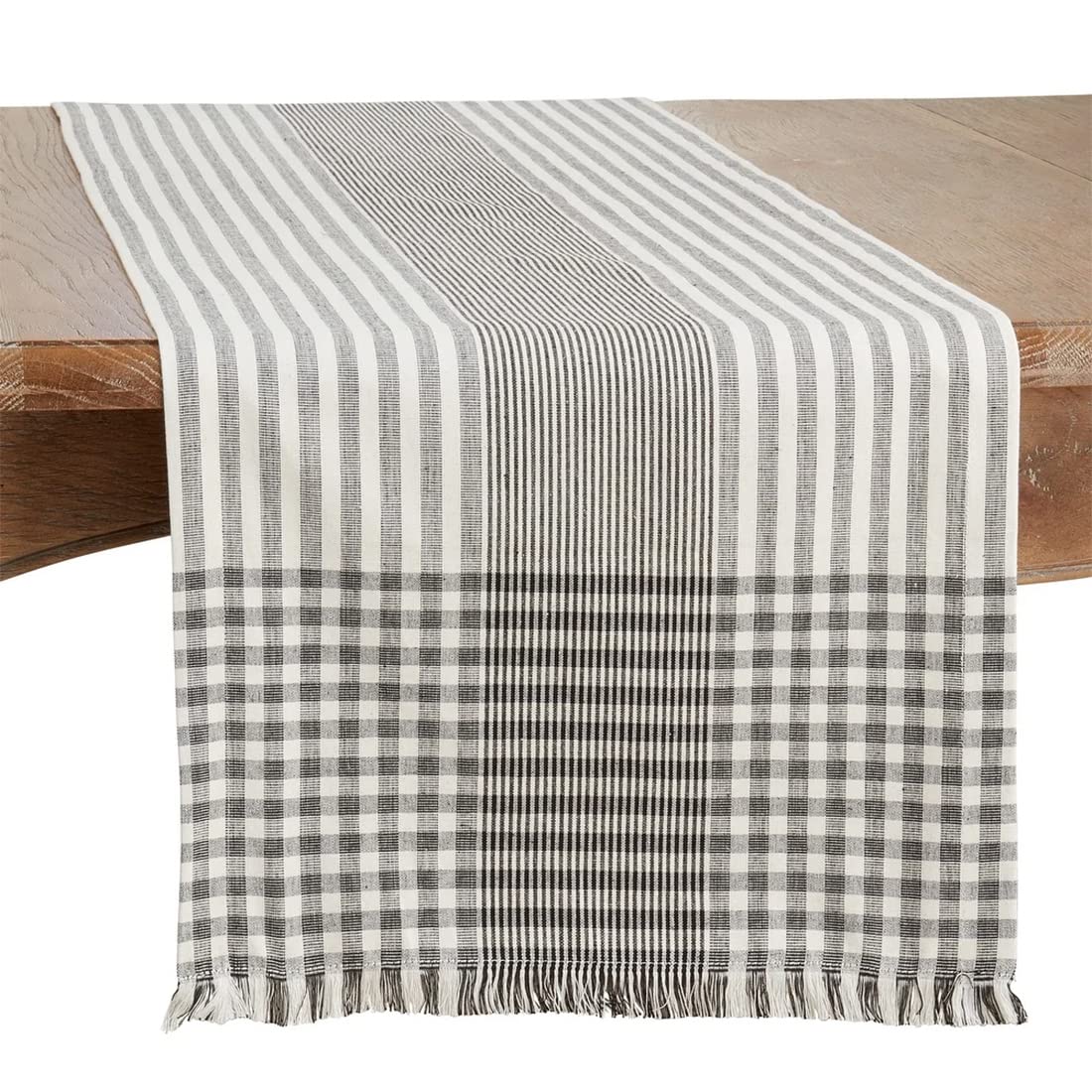 Fennco Styles Stripe Design Cotton Table Runner 16" W x 72" L - Black & White Woven Fringed Table Cover for Home Décor, Dining Table, Banquet, Family Gathering and Special Occasion