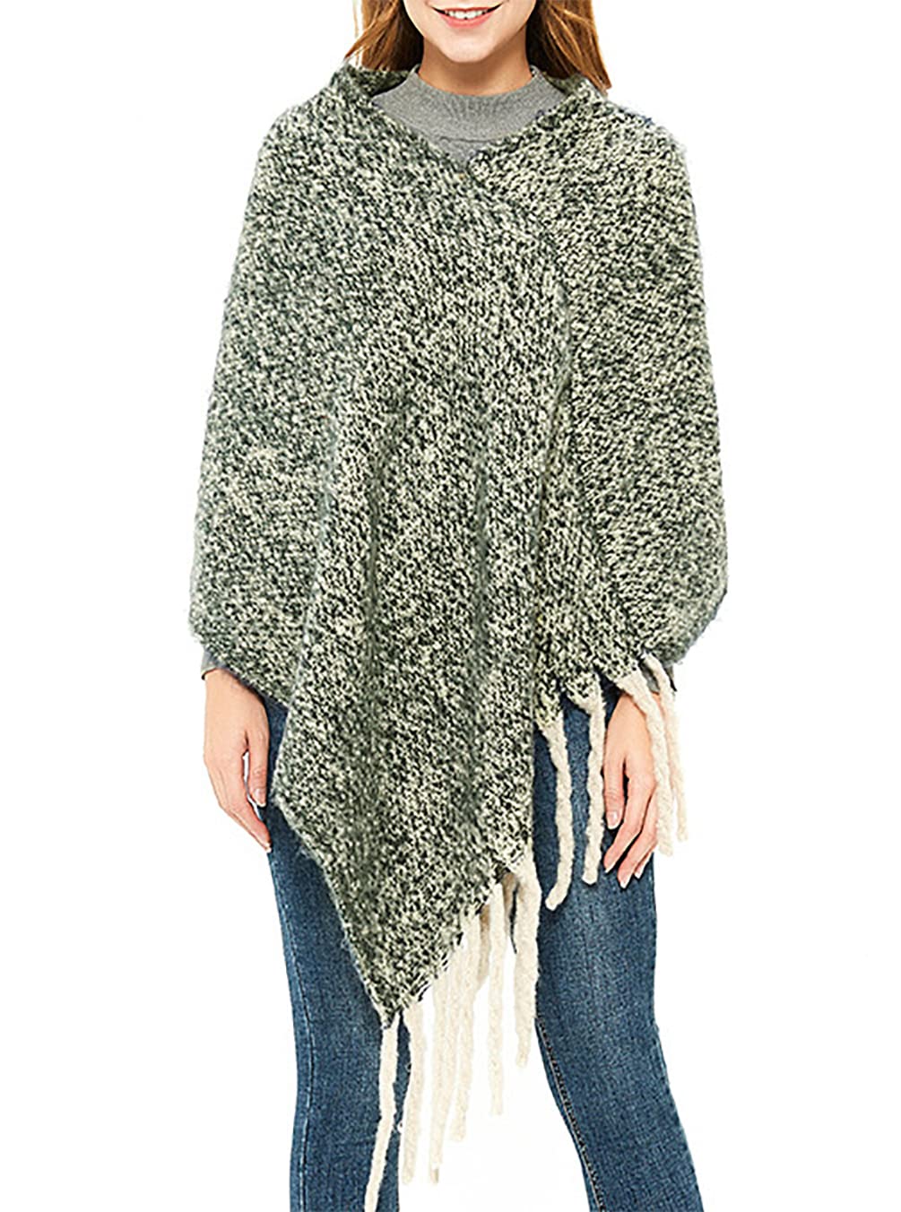 stylesilove Autumn Winter Women Solid Knitted V-Neck Pullover Fringe Poncho Sweater Lightweight Cape Cozy Wrap Tassel Shawl