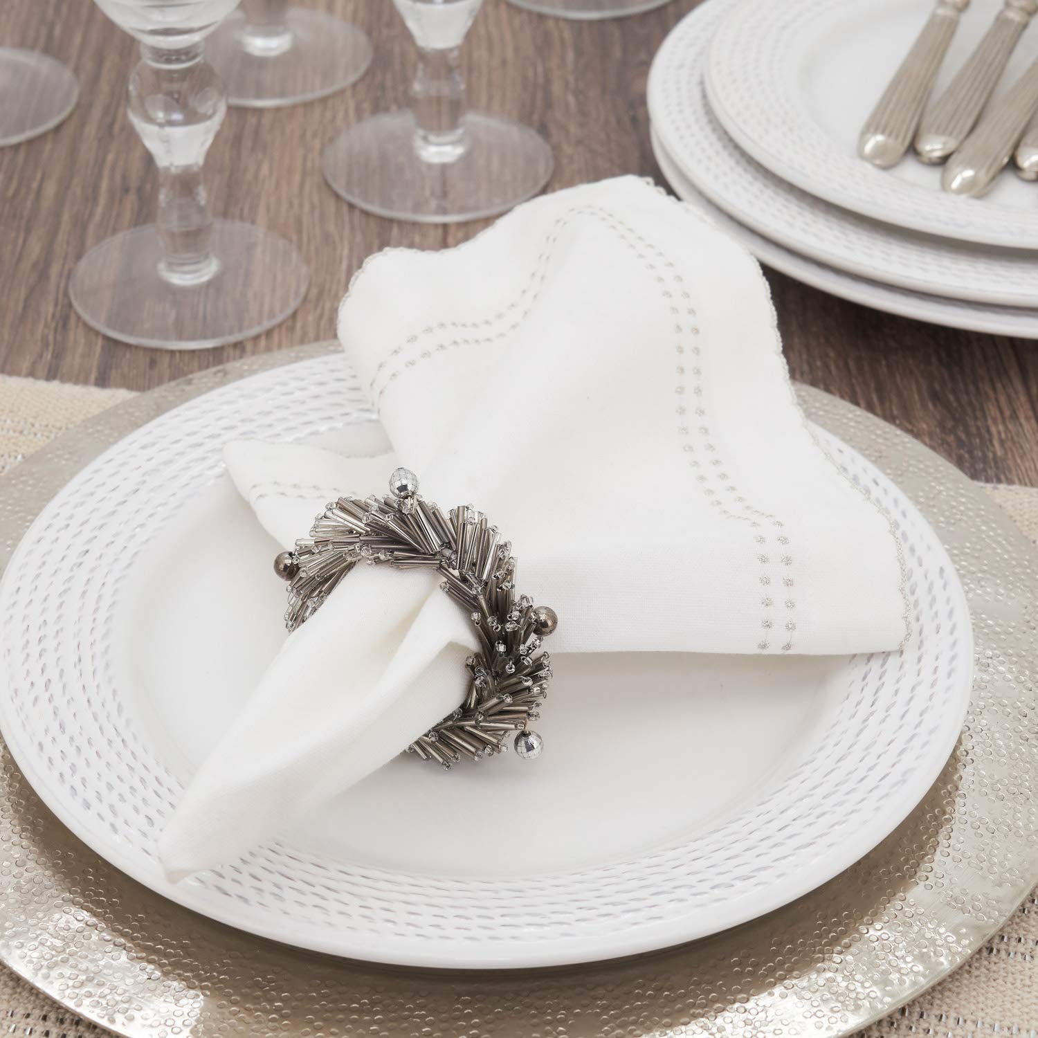 Fennco Styles Hand Beaded Decorative Napkin Rings, Set of 4 - Silver Glass Beads Napkin Holders for Home, Dining Table, Banquet, Family Gathering, Christmas, Holiday Décor and Special Occasion