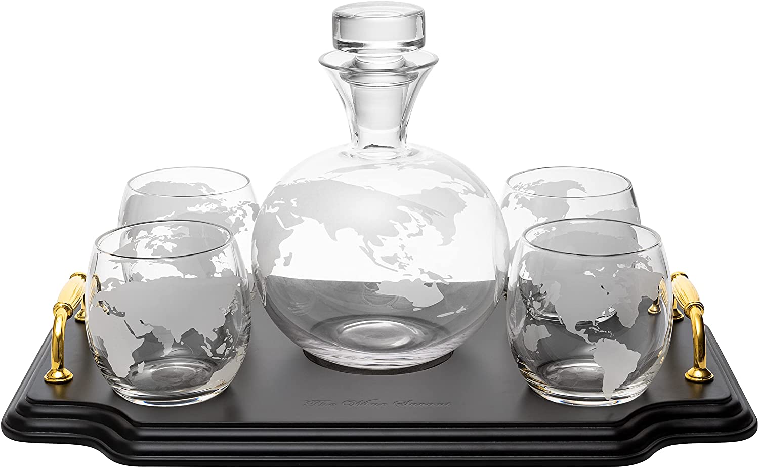 Etched World Map Globe Whiskey Decanter Set 750ML With 4 10OZ Map Glasses 13 H X 13 L By The Wine Sa