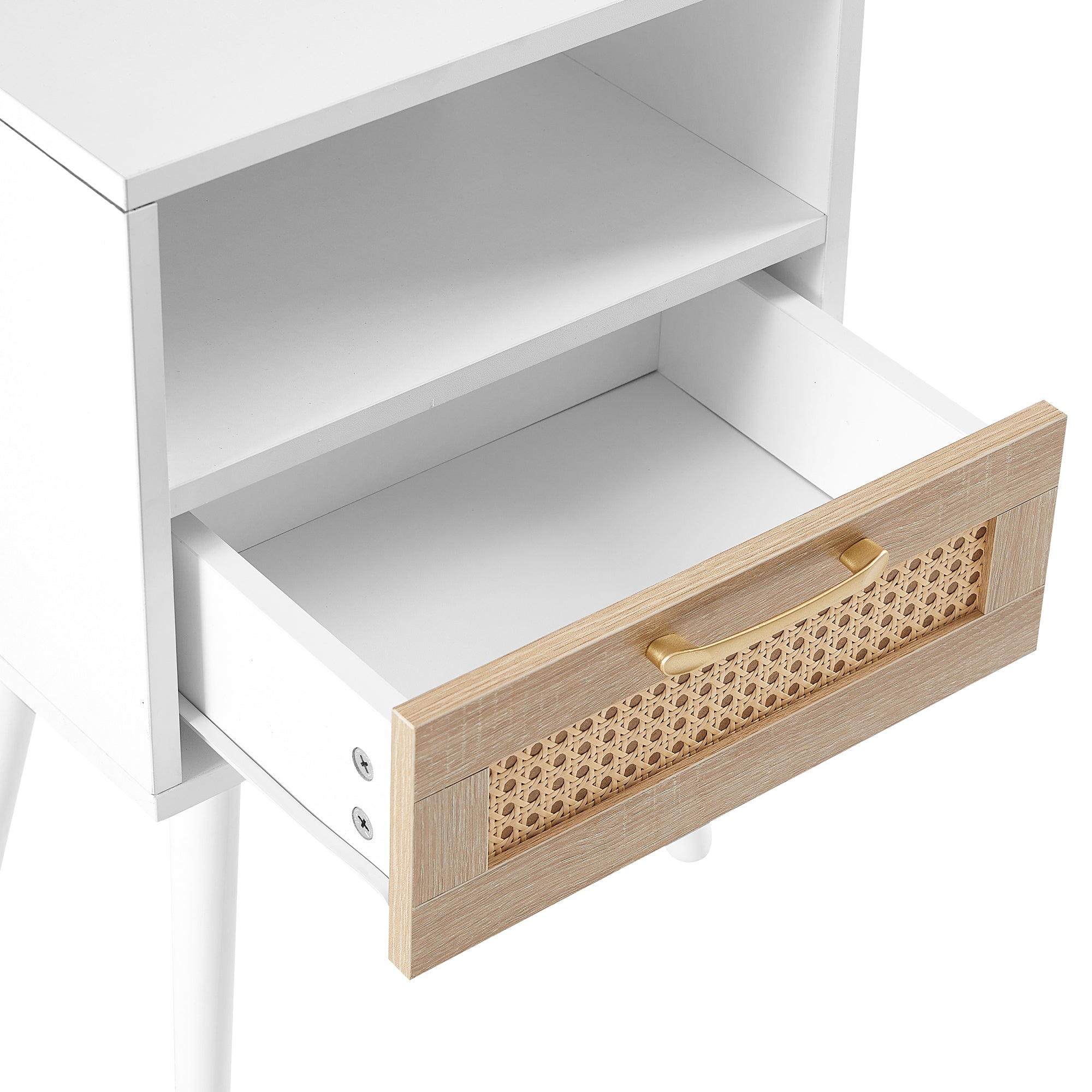 15.75" Rattan End table with drawer and solid wood legs Modern nightstand side table for living room white