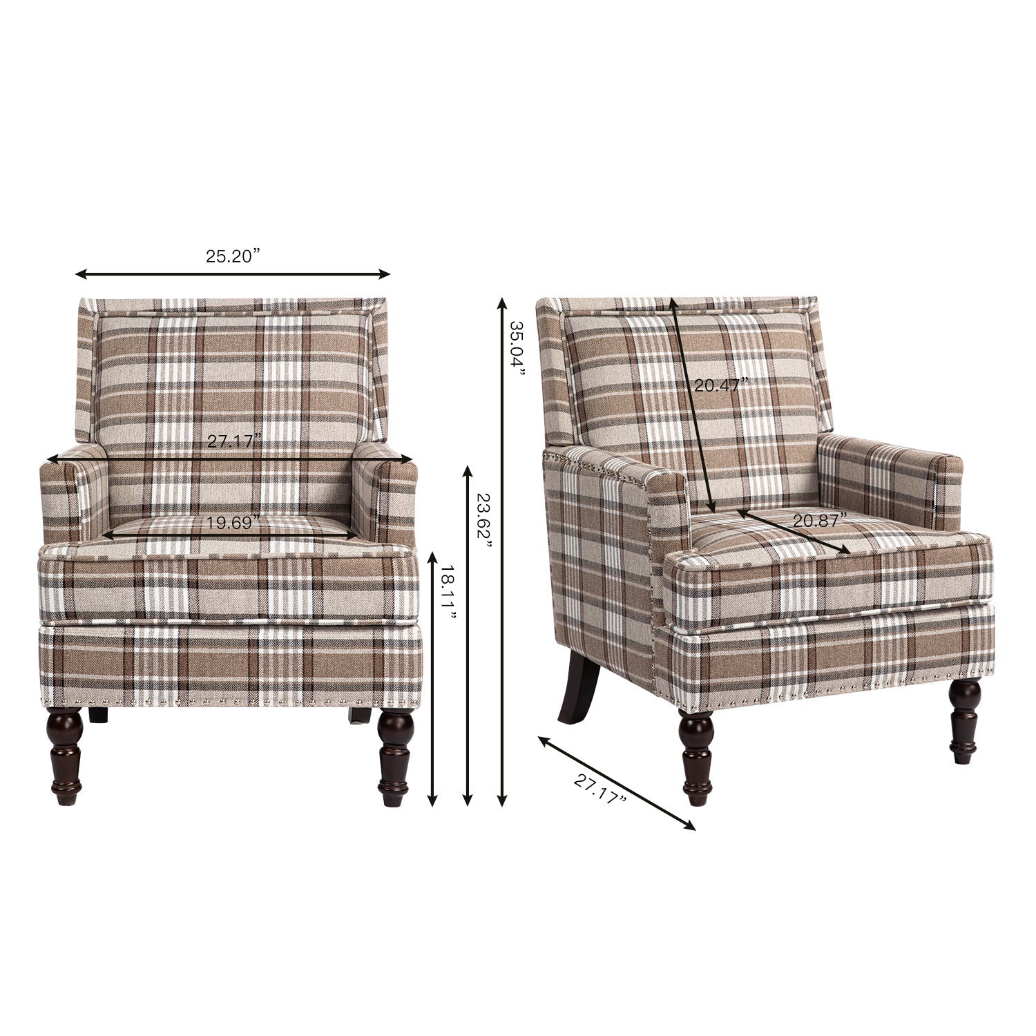 Upholstered Accent Chair with Brown Linen Fabric and Nailhead Trim