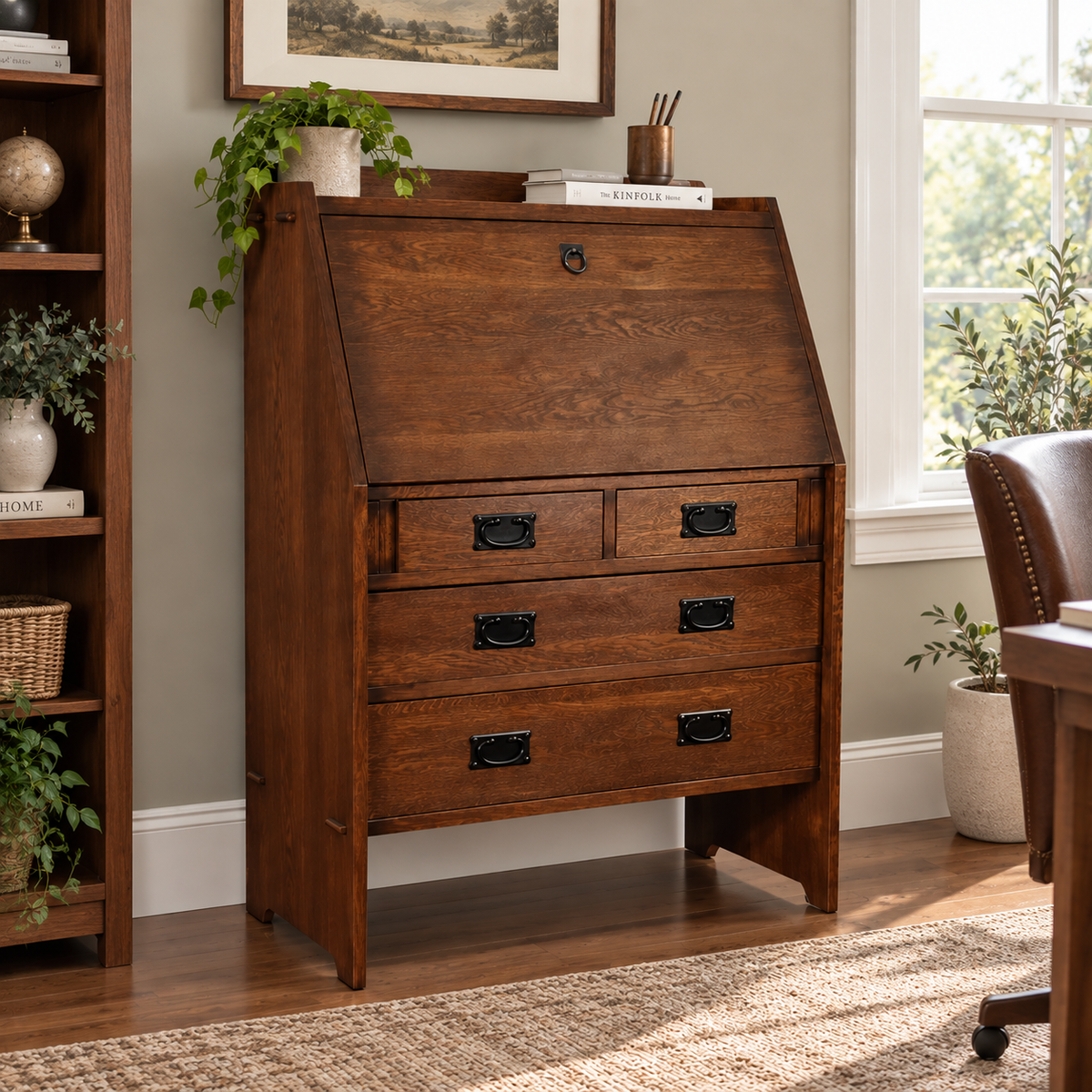Arts and Crafts Mission Solid Oak Secretary Desk - Dark Brown