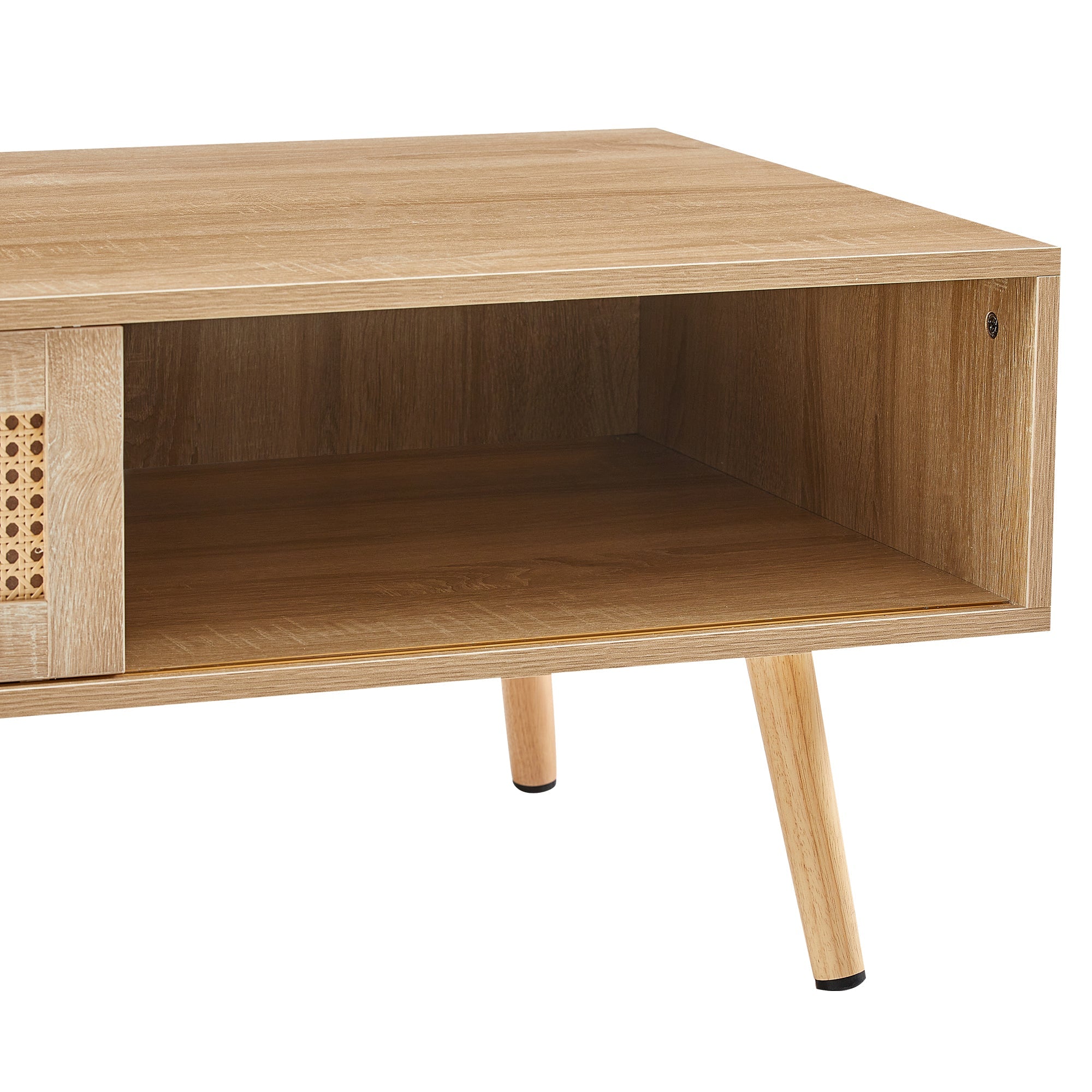 41.34" Rattan Coffee table sliding door for storage solid wood legs Modern table for living room natural