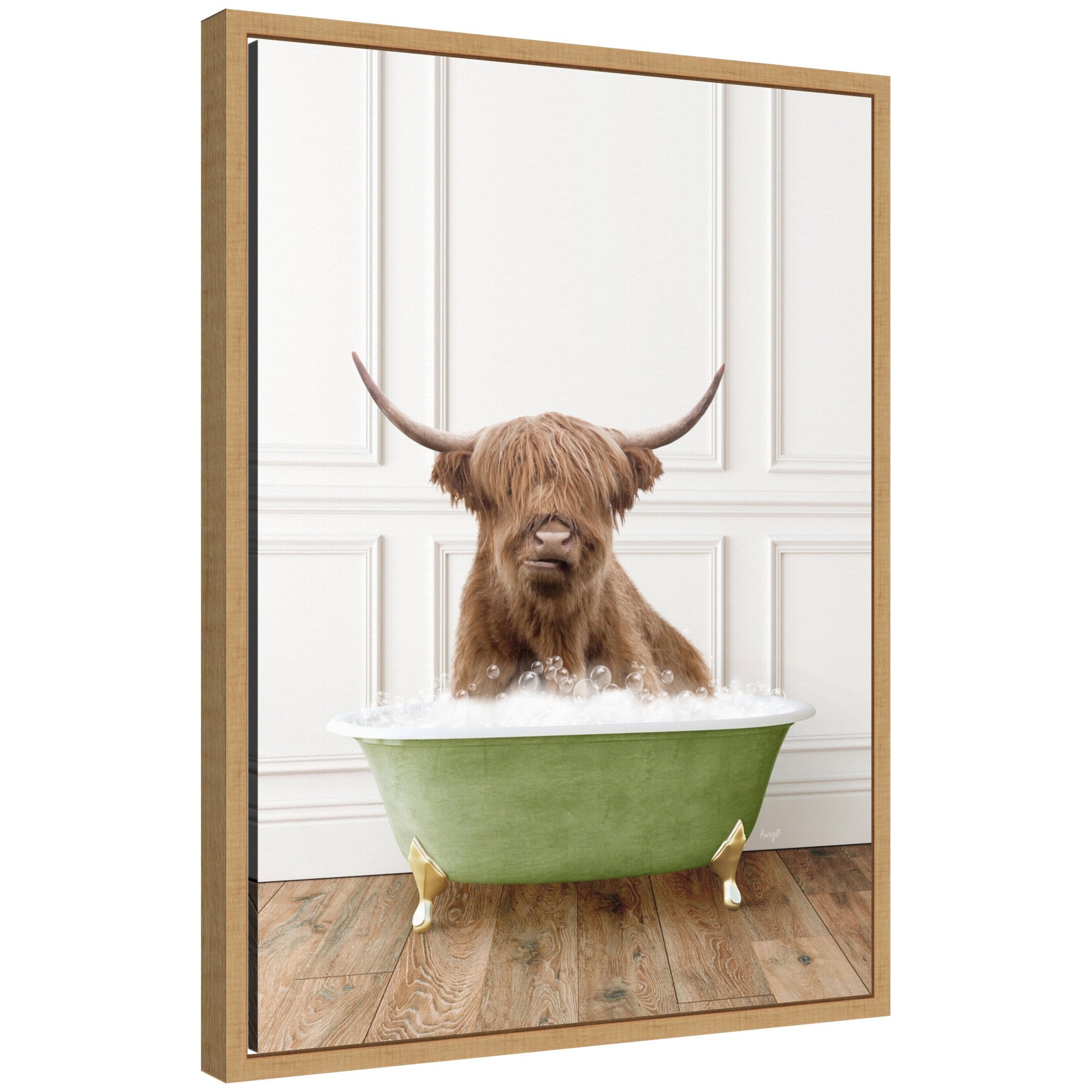 Sylvie Highland Cow in Transitional Bathtub Framed Canvas by Amy Peterson