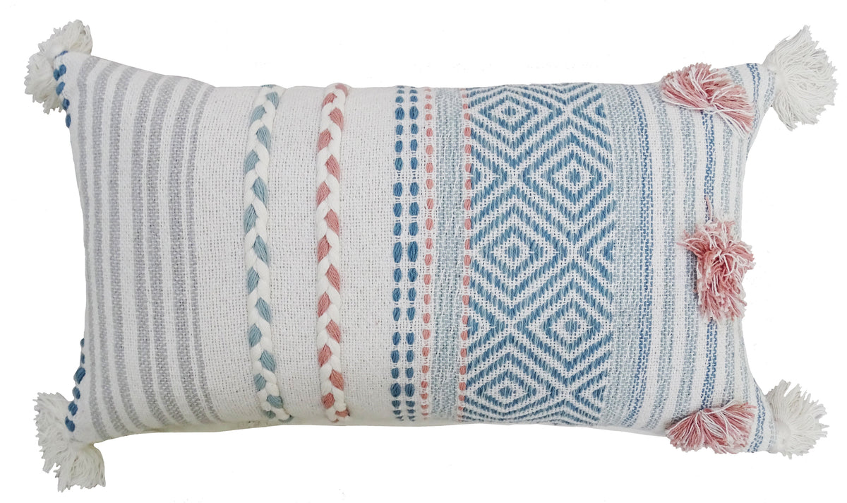 Striped Throw Pillow with Braid and Tassels 14"x24"