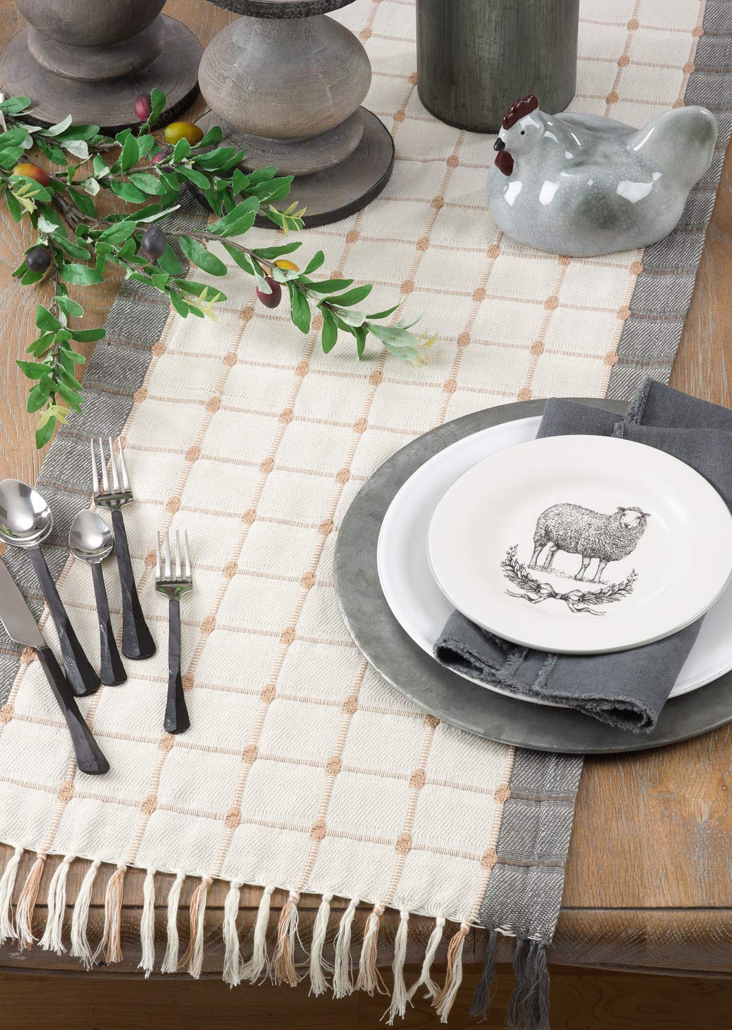 Windowpane Woven Design 100% Cotton Table Runner with Tassels (Multi)